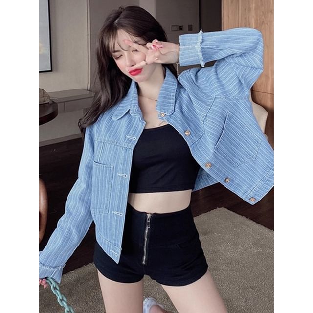 Dragan Pulse-Collared Striped Button Denim Jacket