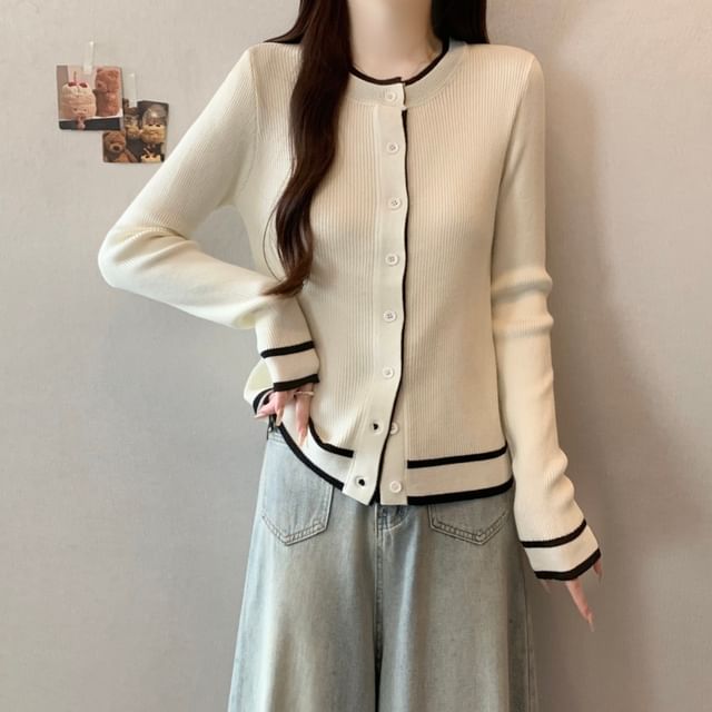 Dragan Pulse-Crew Neck Contrast Trim Button-Up Cardigan