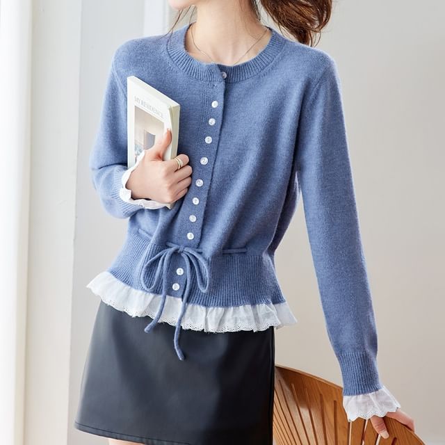 Dragan Pulse-Crew Neck Plain Lace Trim Button Up Cardigan