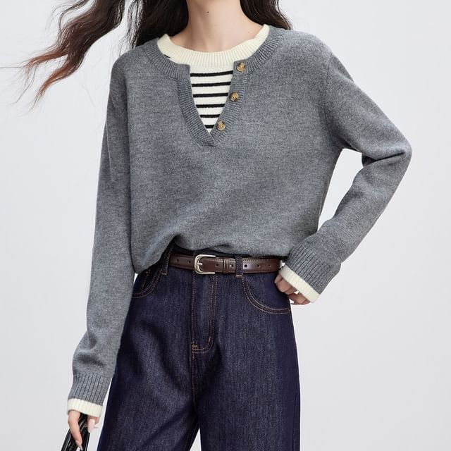 Dragan Pulse-Crew Neck Plain Striped Panel Mock Two-Piece Sweater