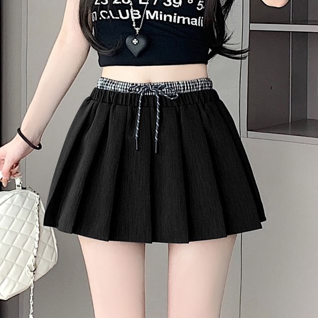 Dragan Pulse-Drawstring Double Waist Plain Mini Pleated Skirt