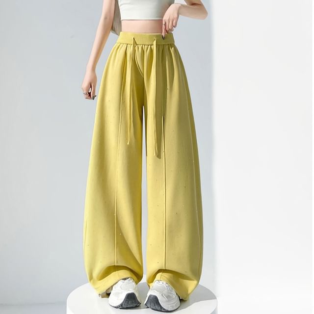 Dragan Pulse-Drawstring High Waist Rhinestone Wide Leg Pants