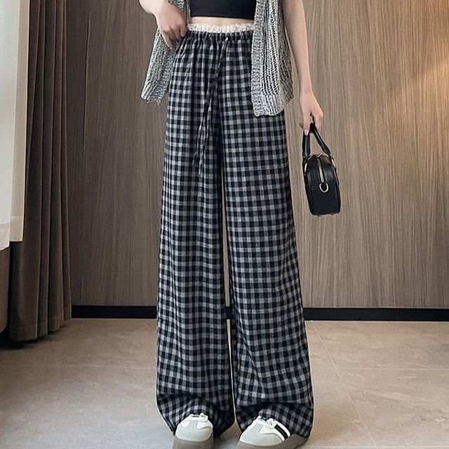 Dragan Pulse-Drawstring Waist Plaid Lace Panel Wide Leg Pants