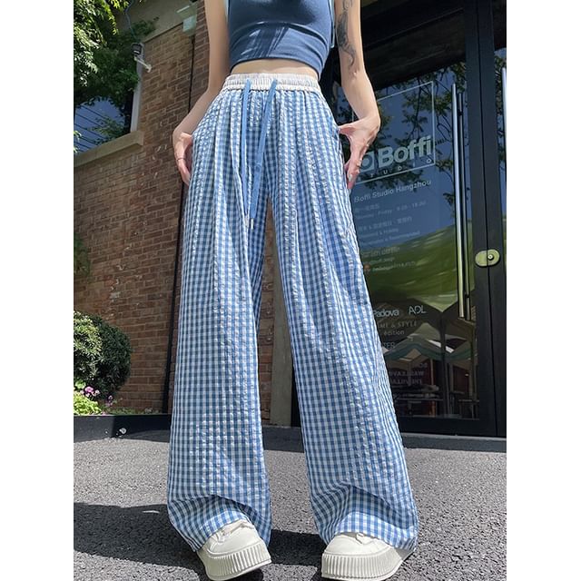 Dragan Pulse-Drawstring Waist Plaid Wide Leg Pants Various Designs