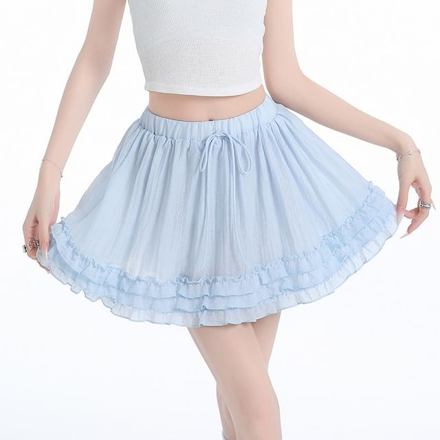 Dragan Pulse-Drawstring Waist Plain Frill Mini A-Line Skirt