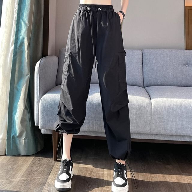Dragan Pulse-Drawstring Waist Plain Loose Fit Cargo Pants