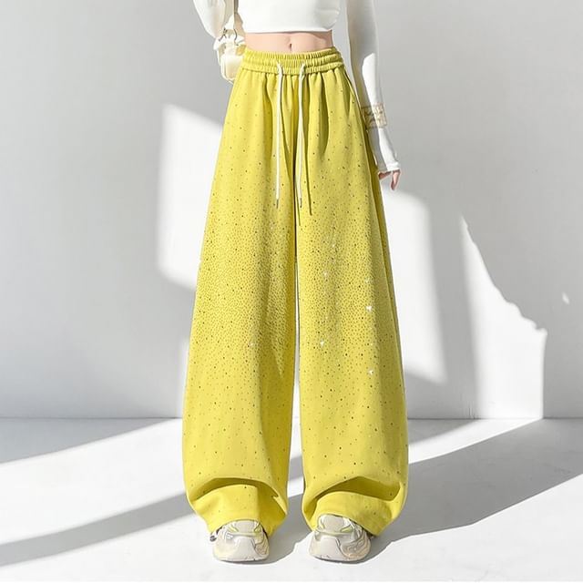 Dragan Pulse-Drawstring Waist Plain Rhinestone Baggy Sweatpants