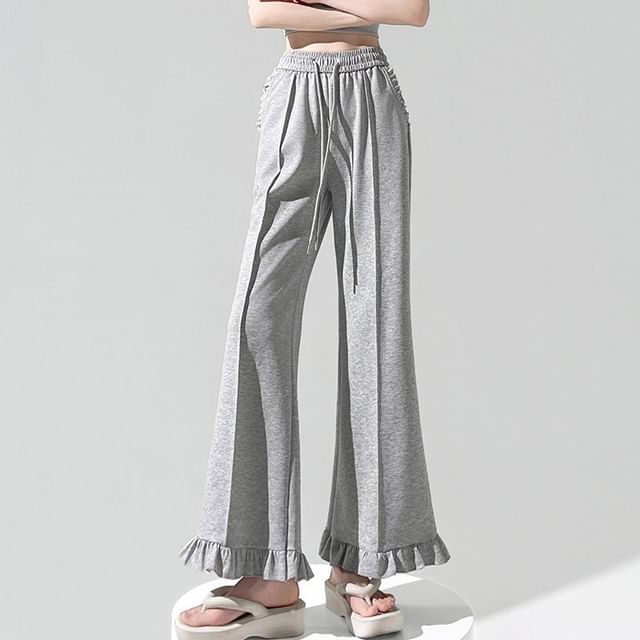 Dragan Pulse-Drawstring Waist Plain Ruffle Wide Leg Pants
