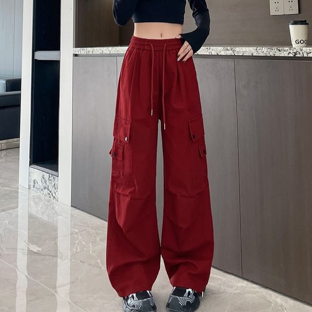 Dragan Pulse-Drawstring Waist Plain Wide Leg Cargo Pants Various Designs