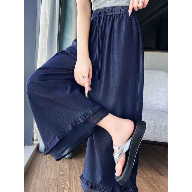 Dragan Pulse-Drawstring Waist Sheer Panel Frill Trim Cropped Wide Leg Jeans