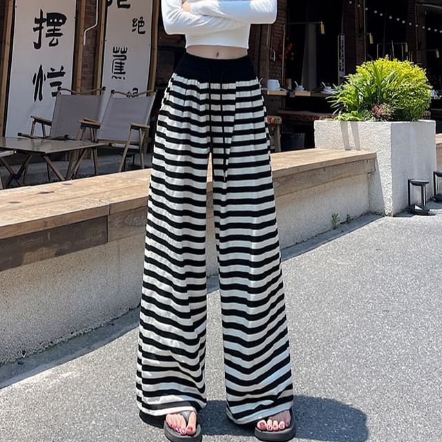 Dragan Pulse-Drawstring Waist Striped Wide Leg Pants