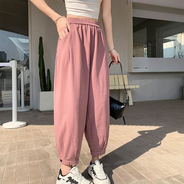 Dragan Pulse-Elastic Waist Plain Cropped Harem Pants