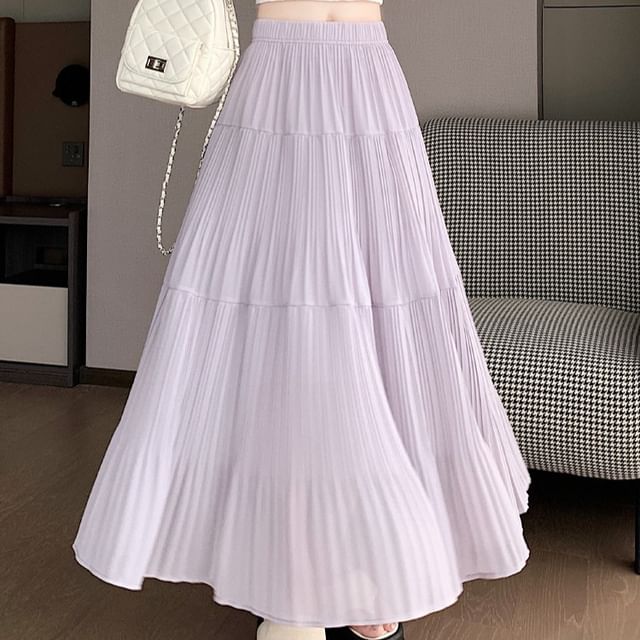 Dragan Pulse-Elastic Waist Plain Maxi Pleated Skirt