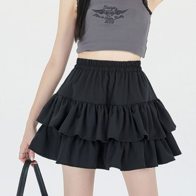 Dragan Pulse-Elastic Waist Plain Mini Tiered Skirt