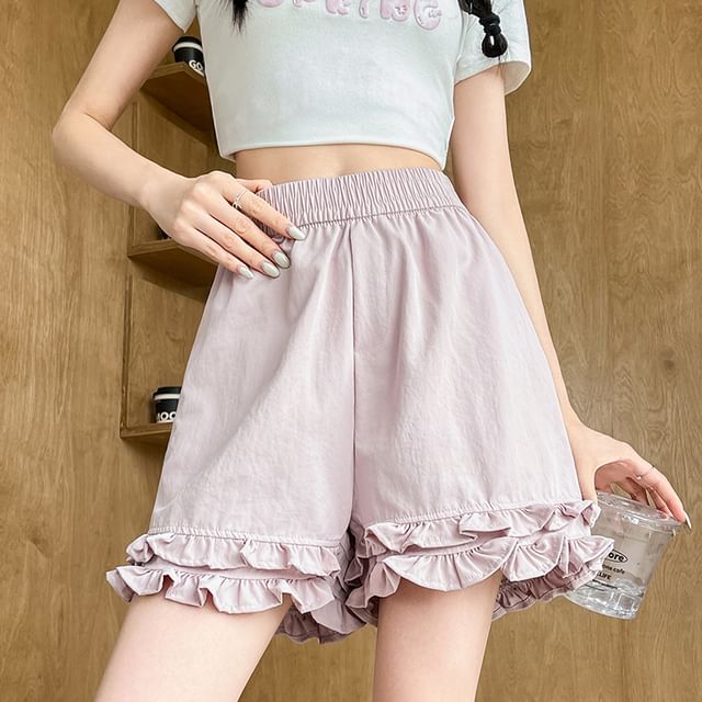 Dragan Pulse-Elastic Waist Plain Ruffle Shorts