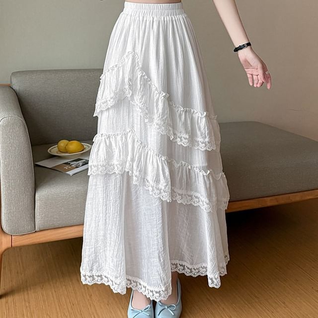 Dragan Pulse-Elastic Waist Plain Ruffle Tiered Slit Panel Lace Maxi A-Line Skirt