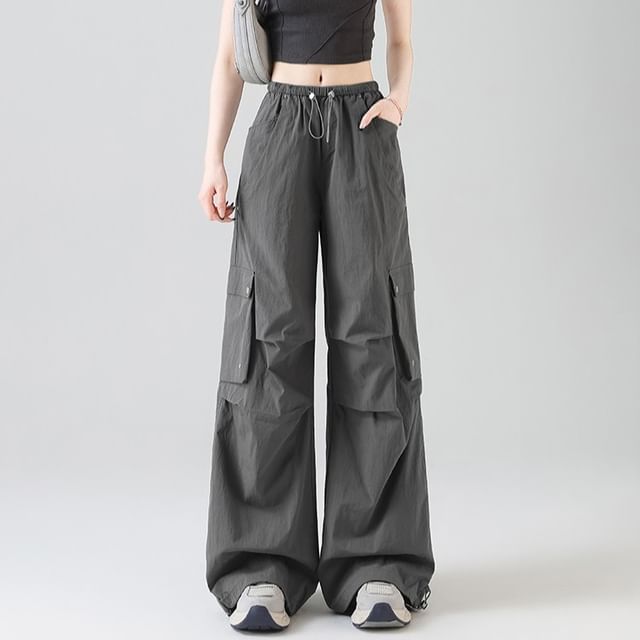 Dragan Pulse-Elastic Waist Plain Wide Leg Cargo Pants