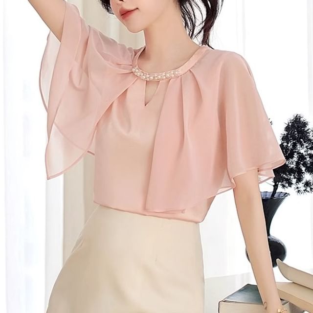 Dragan Pulse-Flutter Sleeve Crew Neck Plain Beaded Keyhole Blouse