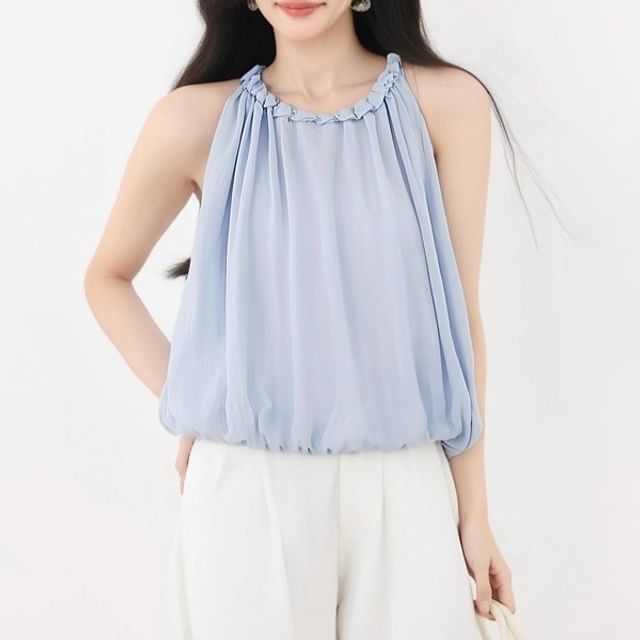 Dragan Pulse-Halter Neck Plain Frill Trim Bubble Hem Crop Top