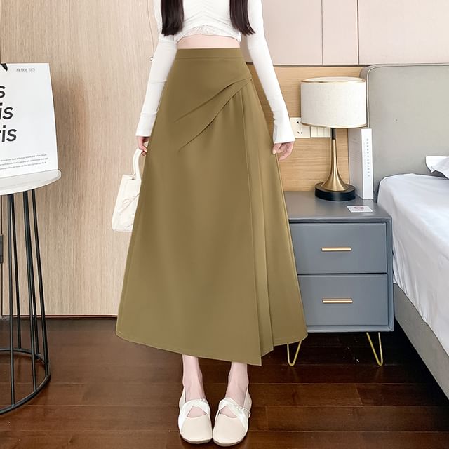 Dragan Pulse-High Rise Plain Asymmetrical Ruched Midi A-Line Skirt