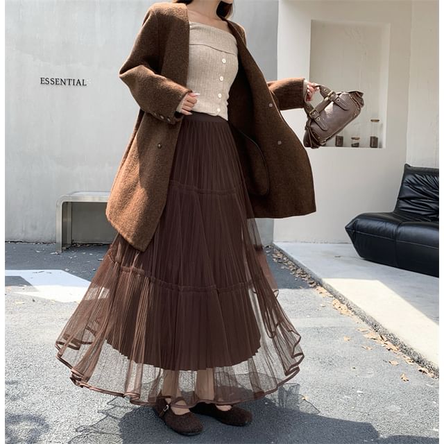Dragan Pulse-High Rise Plain Mesh Panel Maxi A-Line Skirt