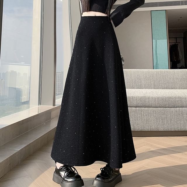 Dragan Pulse-High Rise Rhinestone Maxi A-Line Skirt
