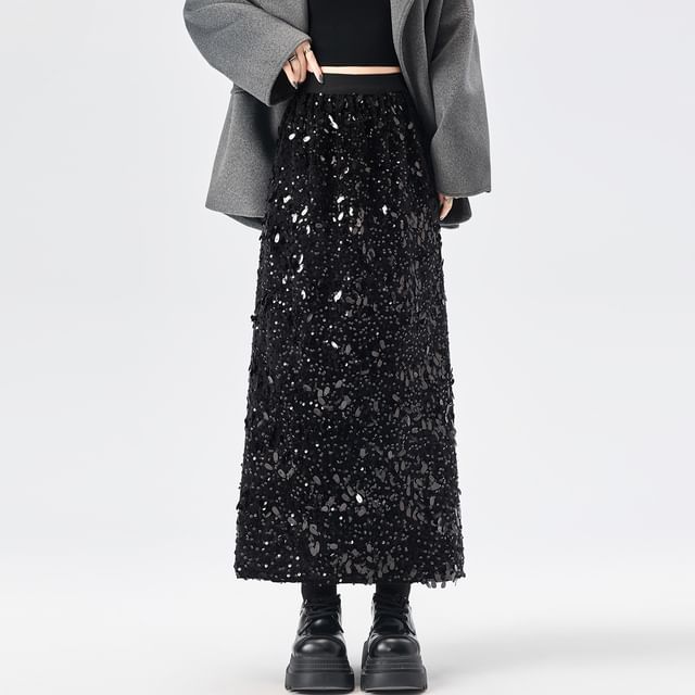 Dragan Pulse-High Rise Sequined Maxi A-Line Skirt