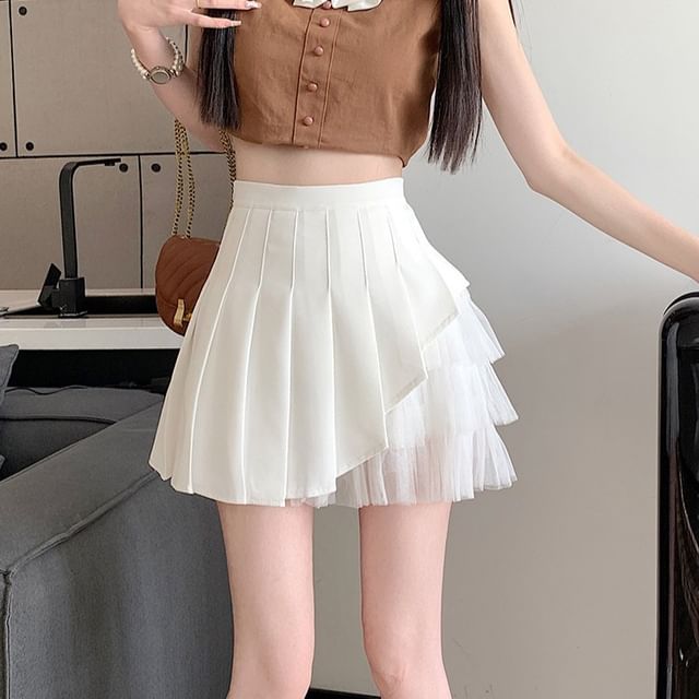 Dragan Pulse-High Waist Asymmetrical Mesh Panel Pleated Mini A-Line Skirt