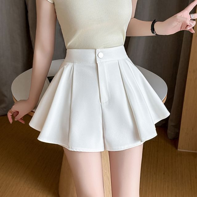 Dragan Pulse-High Waist Button Pleated Plain Flared Mini Skirt