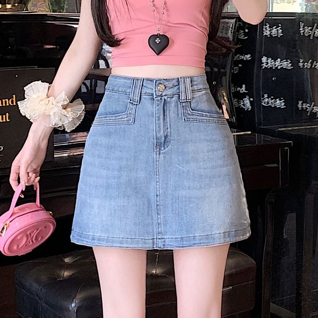 Dragan Pulse-High Waist Denim Mini A-Line Skirt