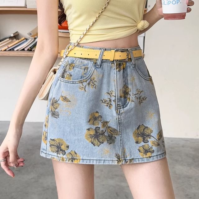 Dragan Pulse High Waist Floral Print Denim Mini Skirt YesStyle