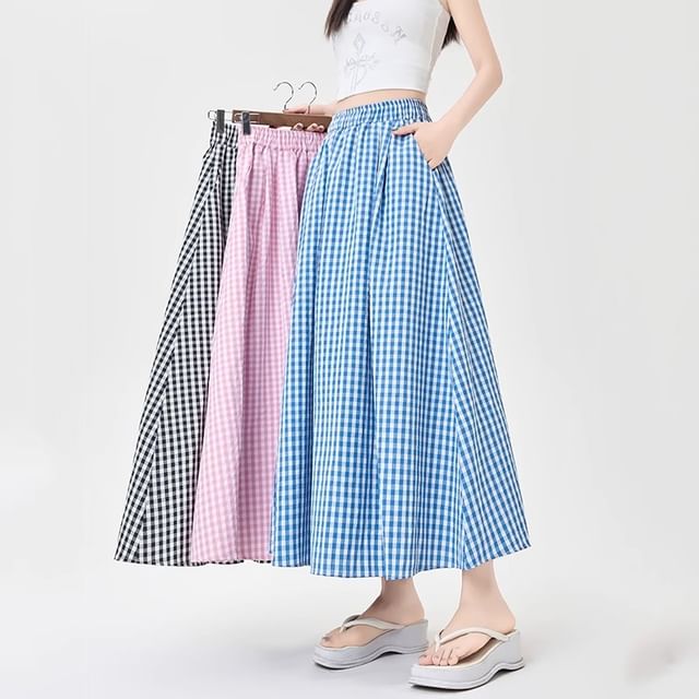 Dragan Pulse-High Waist Gingham Midi A-Line Skirt