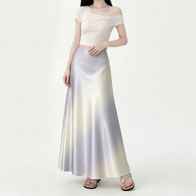 Dragan Pulse-High Waist Gradient Maxi A-Line Skirt