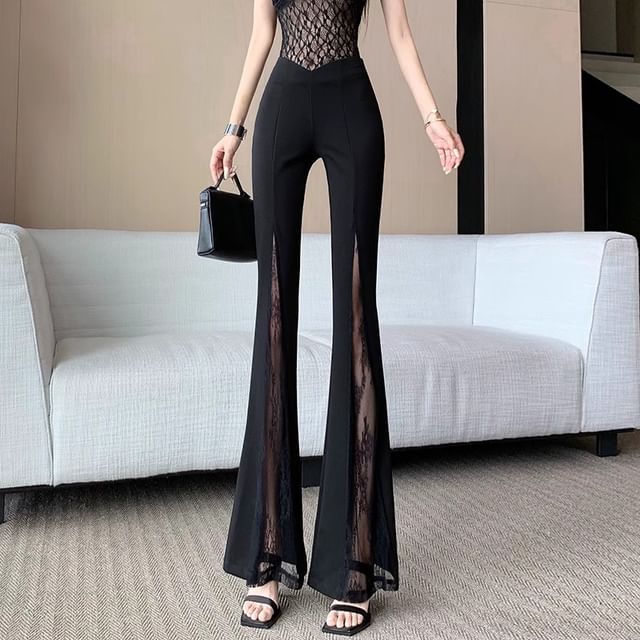 Dragan Pulse-High Waist Lace Panel Bootcut Pants