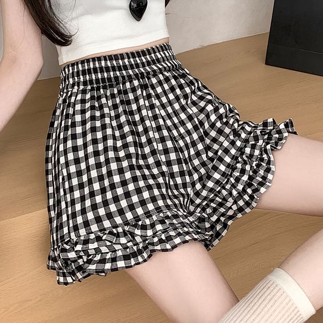 Dragan Pulse-High Waist Plaid Wide Leg Shorts