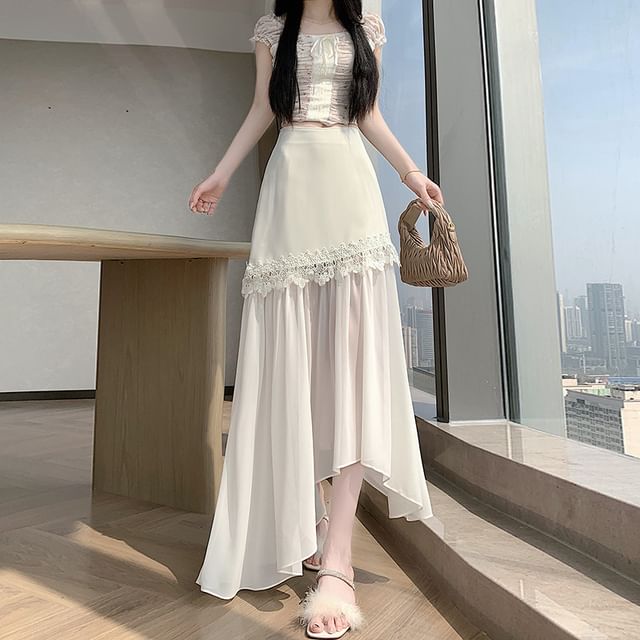 Dragan Pulse-High Waist Plain Asymmetrical Lace Panel Mesh Maxi A-Line Skirt