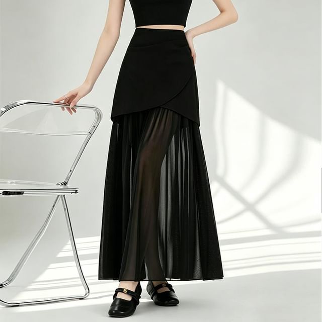Dragan Pulse-High Waist Plain Asymmetrical Mesh Panel Maxi A-Line Skirt