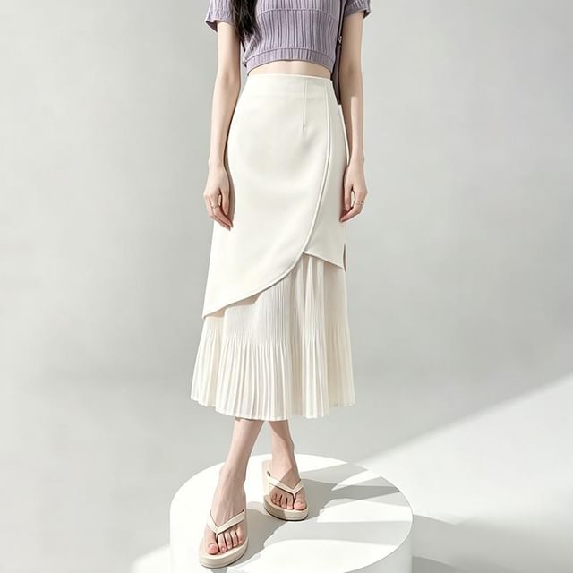 Dragan Pulse-High Waist Plain Asymmetrical Pleated Panel Midi A-Line Skirt