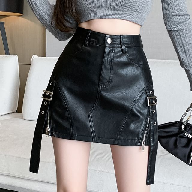 Dragan Pulse-High Waist Plain Buckled Panel Faux Leather Mini Skort