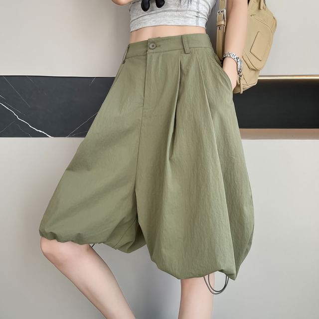 Dragan Pulse-High Waist Plain Drawstring Hem Wide Leg Cargo Shorts