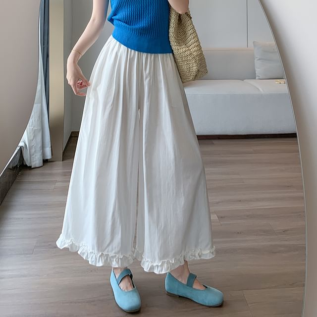 Dragan Pulse-High Waist Plain Frill Trim Cropped Culottes