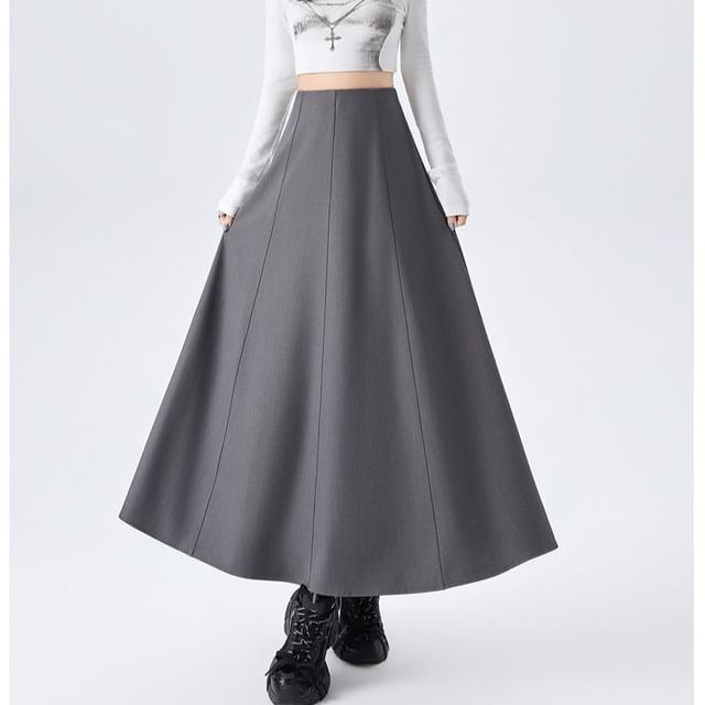 Dragan Pulse-High Waist Plain Panel Maxi A-Line Skirt