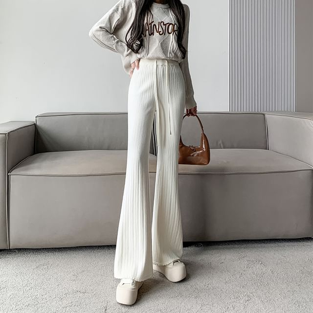 Dragan Pulse-High Waist Plain Ribbed Knit Flared Pants