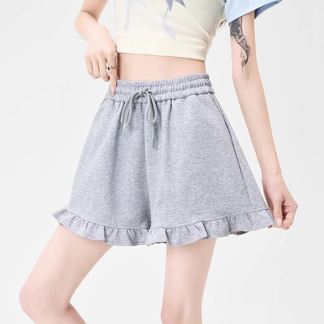 Dragan Pulse-High Waist Plain Ruffled Wide Leg Shorts
