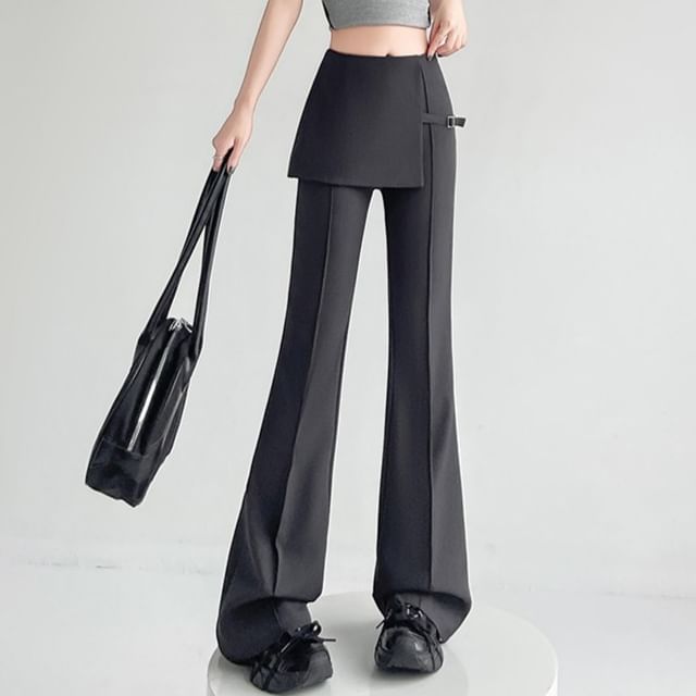 Dragan Pulse-High Waist Plain Skirt Overlay Buckled Flared Slacks
