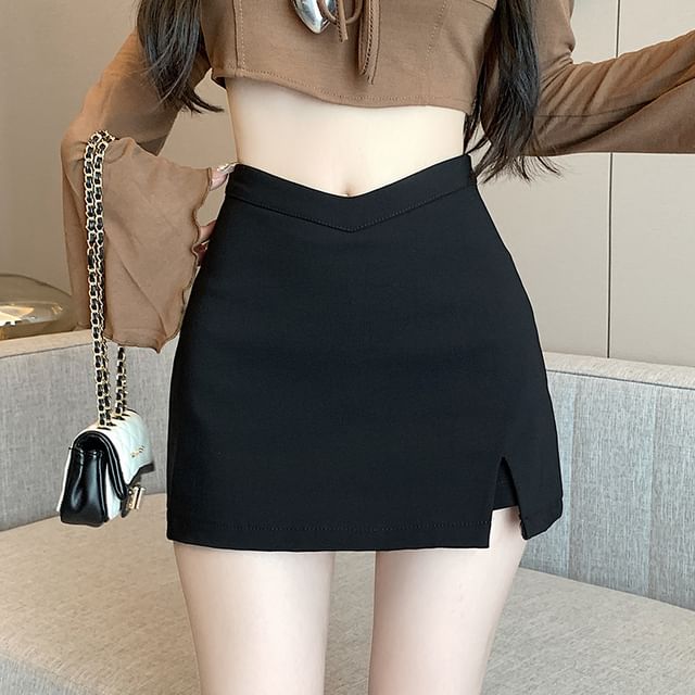 Dragan Pulse-High Waist Plain Slit Mini Pencil Skort