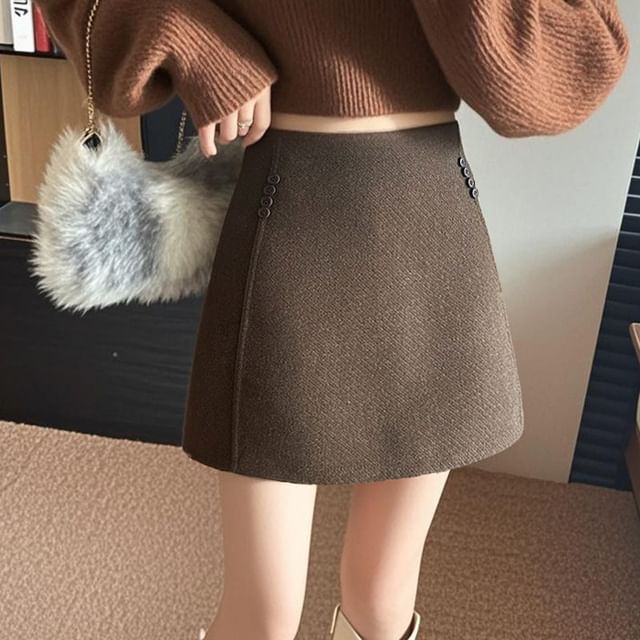 Dragan Pulse-High Waist Plain Wool Mini A-Line Skirt