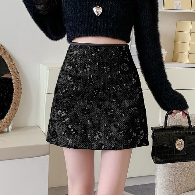 Dragan Pulse-High Waist Sequin Mini A-Line Skirt