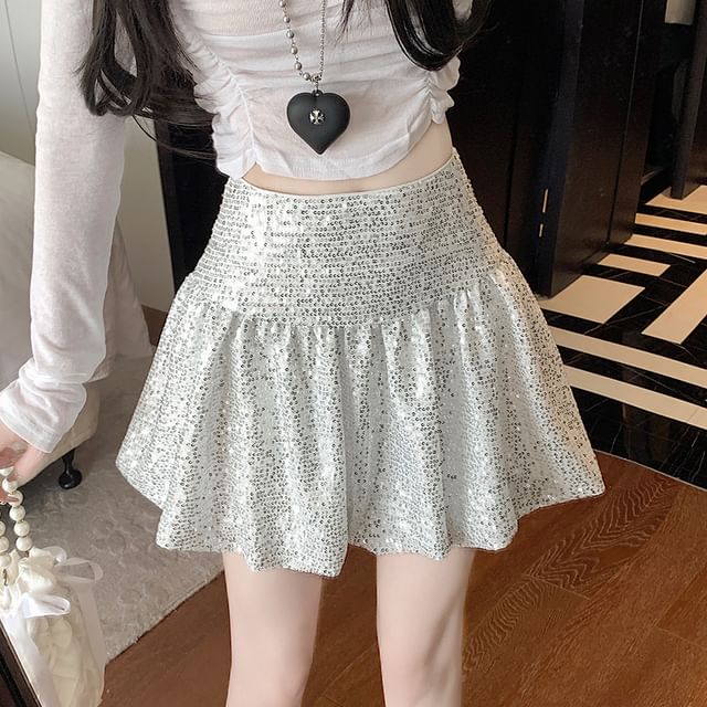 Dragan Pulse-High Waist Sequin Mini A-Line Skirt