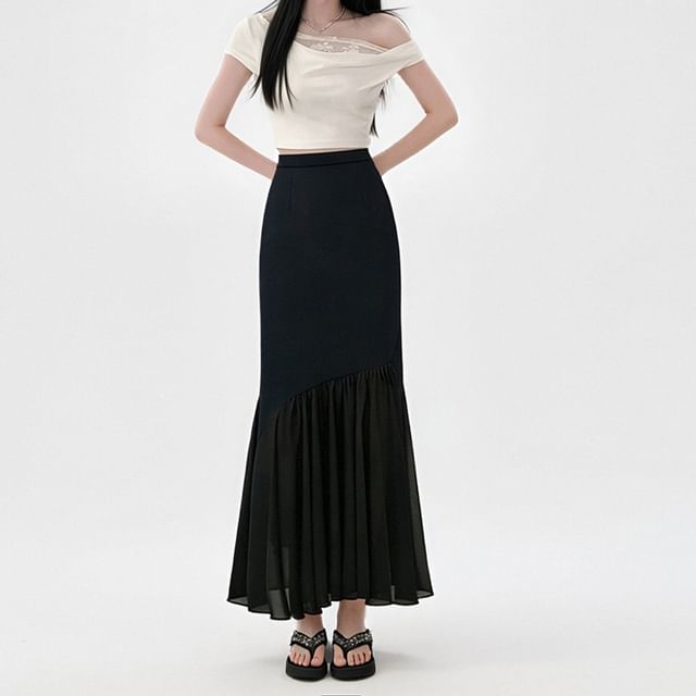 Dragan Pulse-High Waist Sheer Panel Maxi A-Line Skirt